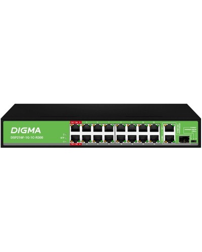 DSP216F-1G-1C-R300 (L2) 16х100Мбит/с 1х1Гбит/с 1хКомбо(1000BASE-T/SFP) 16PoE 16PoE+ 2PoE++ 300W. Коммутатор с питанием по PoE. Digma в Миассе