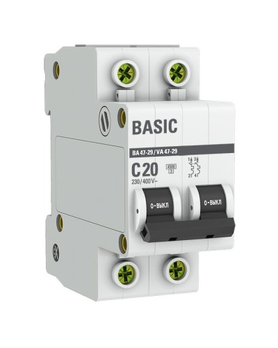 Автоматический выключатель 2P 20А (C) 4,5кА ВА 47-29 Basic (mcb4729-2-20C). Автоматический выключатель. EKF в Миассе