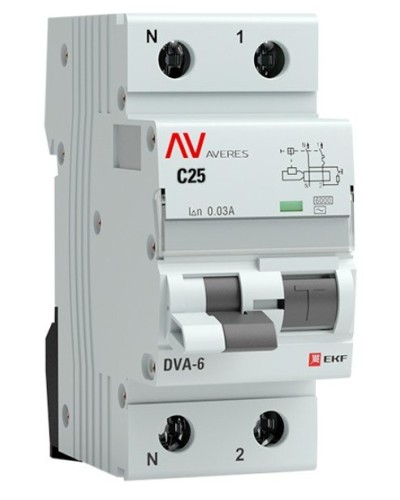 DVA-6 1P+N 25А (C) 30мА (AC) 6кА  AVERES (rcbo6-1pn-25C-30-ac-av). Автоматический выключатель дифференциального тока. EKF в Миассе