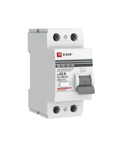 УЗО ВД-100 2P 63А 300мА тип AC эл-мех  PROxima (elcb-2-63-300-em-pro). Выключатель дифференциального тока (УЗО). EKF в Миассе