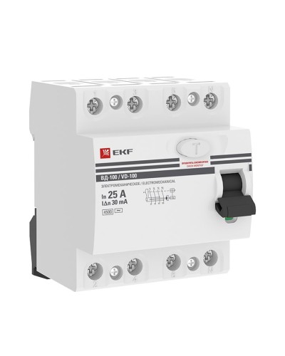 УЗО ВД-100 4P 25А 30мА тип AC эл-мех  PROxima (elcb-4-25-30-em-pro). Выключатель дифференциального тока (УЗО). EKF в Миассе