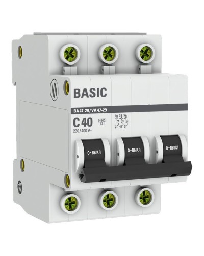 Автоматический выключатель 3P 40А (C) 4,5кА ВА 47-29 Basic (mcb4729-3-40C). Автоматический выключатель. EKF в Миассе