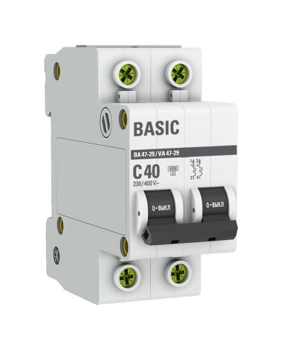 Автоматический выключатель 2P 40А (C) 4,5кА ВА 47-29 Basic (mcb4729-2-40C). Автоматический выключатель. EKF в Миассе