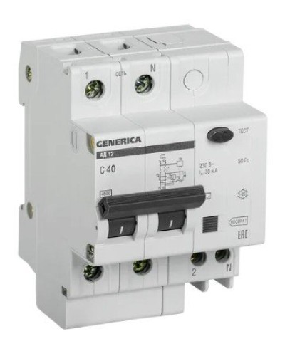 GENERICA АД12 2Р 40А 30мА (MAD15-2-040-C-030). Автоматический выключатель дифференциального тока. IEK в Миассе