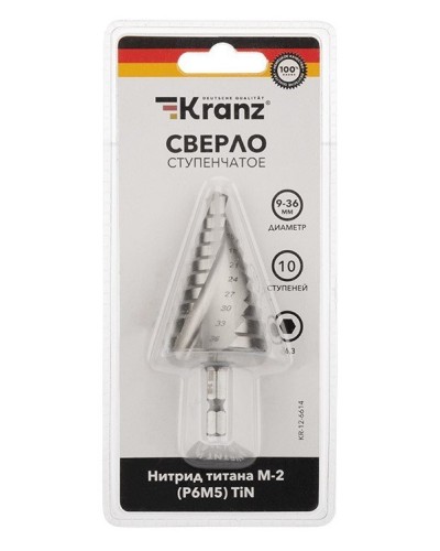 Сверло по металлу ступенчатое ТИТАН 9,0-36,0 мм 110 mm 65 HRC Р6М5 TiN Kranz (KR-12-6614): Сверло по металлу шлифованное в Миассе