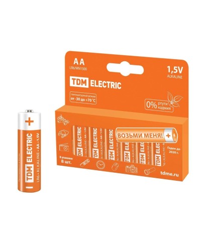 LR6 AA Alkaline 1,5V PAK-8 TDM (SQ1702-0009). Элемент питания. TDM ЕLECTRIC в Миассе